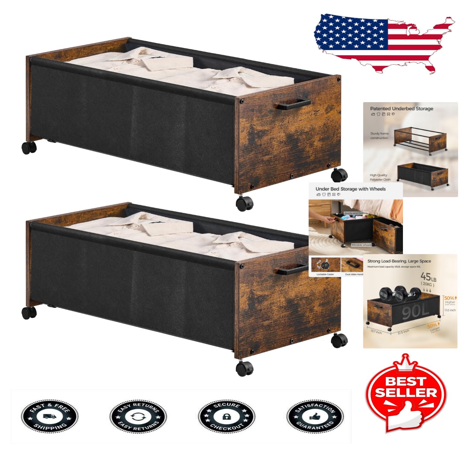 Lockable Wheeled Wooden Storage Containers with Patented Design - 31.5