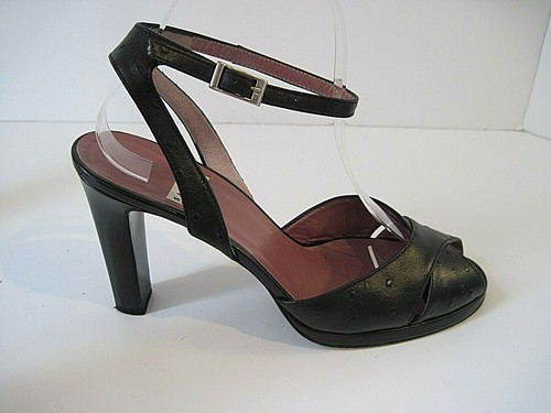 SANDRO VICARI Black Ostrich Print Leather Ankle Strap Peep Toe Heels Size 38.5