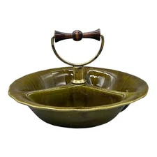 1960’s Lane & Co Divided Candy Nut Dish Van Nuys CA Retro MCM Green Wood Handle