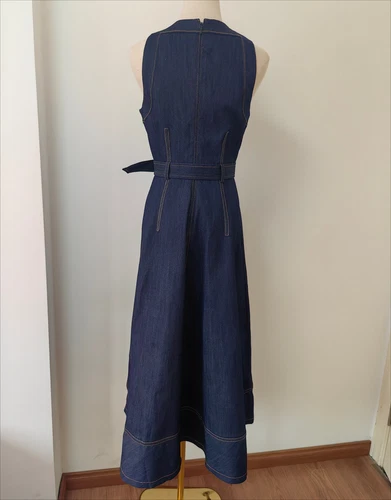AUTÉNTICO Vestido Midi Sin Mangas Cinq à Sept Algodón Cuello Redondo Denim Calce y Acampanado para Mujer - Imagen 6 de 13