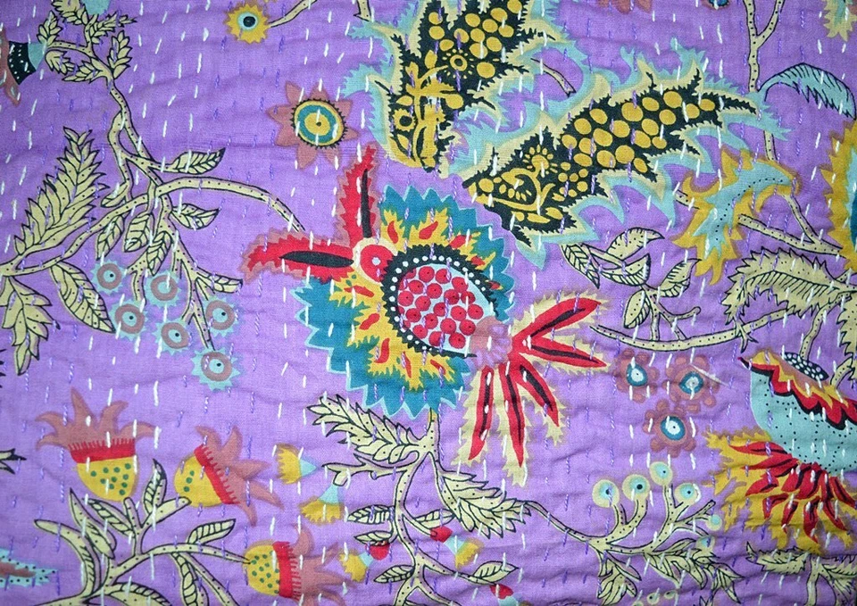 Indian Embroidery Kantha Quilt Bedspread Floral Throw Cotton Purple - Image 4 of 4