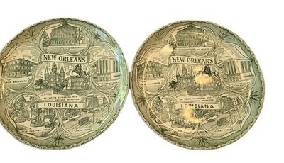 New Orleans Set Of Two Vintage Green Transferware Historial Plate 9''