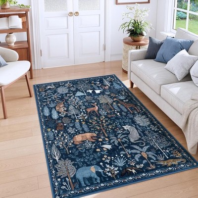 5x7 Jungle Print Blue Area Rug Washable Non Slip Ultra Thin Living Room Carpet