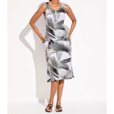 T by Talbots sleeveless midi cotton blend white gray palm fronds tropical size S