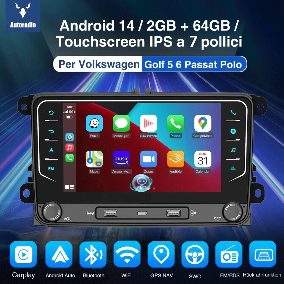 7" Autoradio Android 14 Carplay Per VW GOLF 5 6 Touran Passat Tiguan GPS NAVI - Immagine 3 di 4