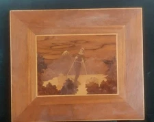 Vintage Skier Wood Inlay Picture Marquetry Wood Inlay Signed 1949