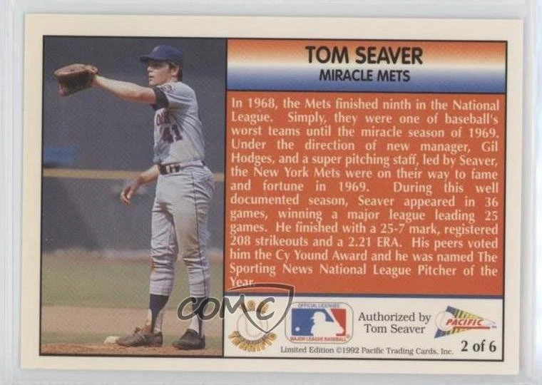 1992 Pacific Terrific Limited Edition White Border Tom Seaver #2 HOF - Image 2 of 2