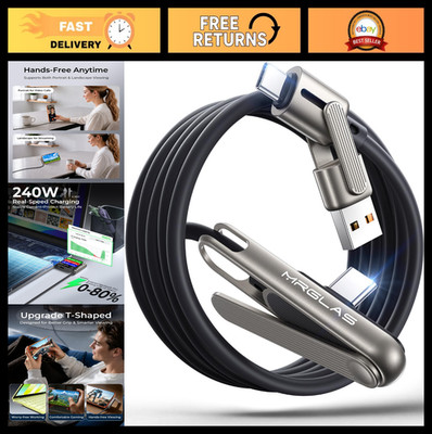 240W 3-in-1 Fast Charging Cable with Phone Stand, 90° Angle USB A/C to Type C, 4