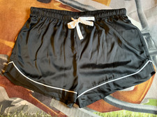 "Silky" Vintage Nylon Pajama Set Top  Shorts Size Medium Black With White Trim