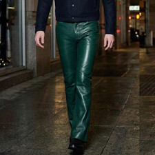 Designer Forest Green Leather Pants for Men - Emerald Cowhide Leather Flare Pant