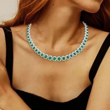 Lab Created 22Ct Oval Cut Emerald 14K White Gold Plated Tennis Necklace 16"
