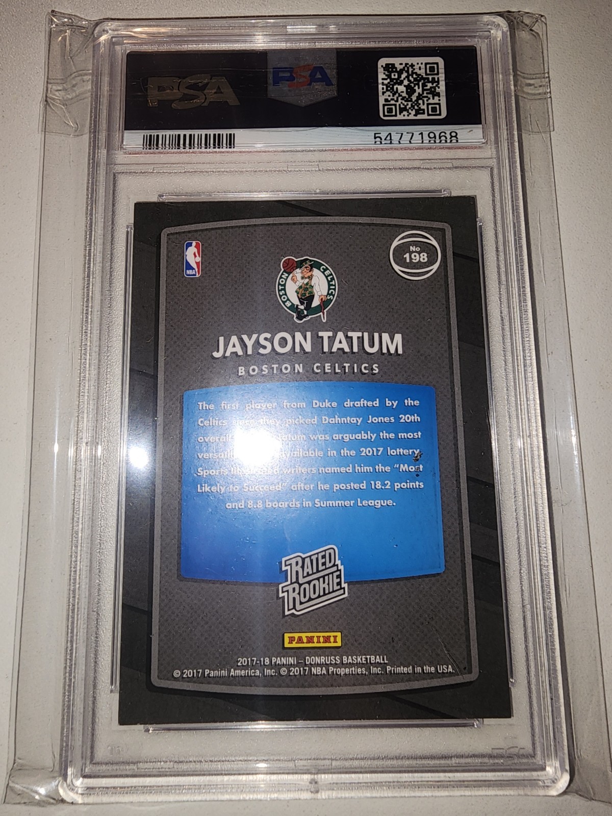 2017 Panini Donruss Jayson Tatum Rookie Card PSA 9 Mint Celtics #198 view 5