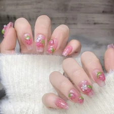 Pink Coffin Fake Nail with 3D Strawberry False Nail Summer Press On Nail Cute