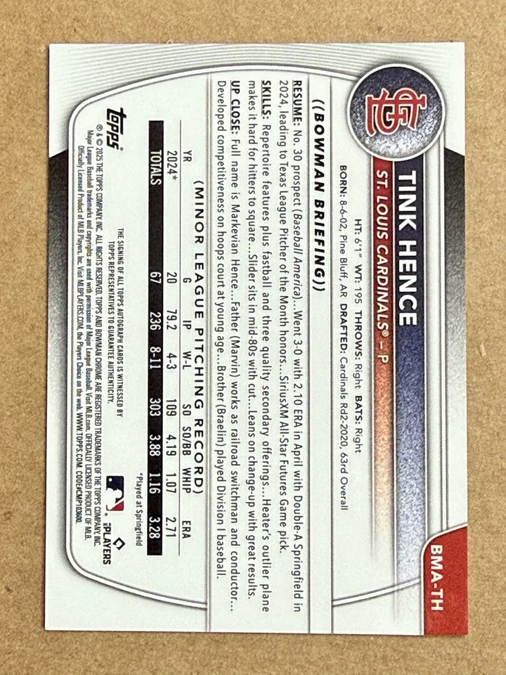 Tink Hence 2025 Bowman Chrome Mega Box Mojo Autograph BLUE /150 BMA-TH Cardinals - Image 2 of 2