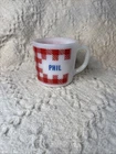 Vintage WESTFIELD Red White Plaid Gingham Coffee Mug, PHIL, MCM, Milk Glass NICE