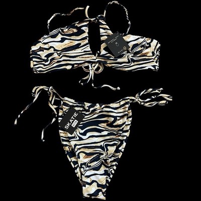 SKATIE Marble Zebra Bikini Set XL Ring Halter Side Tie High Cut NWT