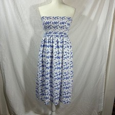 Forever 21 Blue White Floral Smocked Strapless Midi Tube Dress Womens Medium