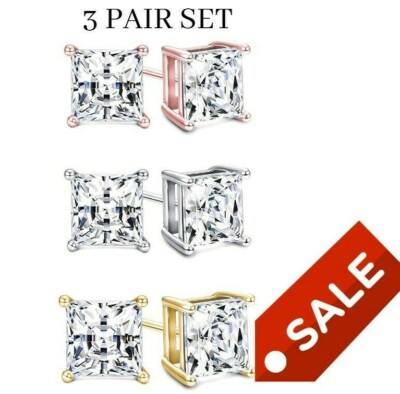 925 Sterling Silver CZ Stud Earrings Cubic Zirconia Women 3PC Earrings Set
