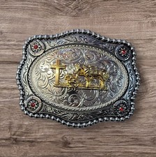 Christian Cowboy Belt Buckle For Man 4.25"x3.25" Silver Tone/Gold/Black