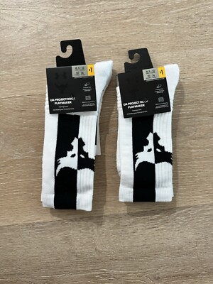 Under Armour UA Playmaker Project Rock Crew Socks Mens 8.5-13 White/Black 2 Pack