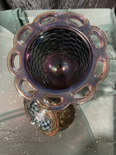 Imperial Glass Basket Weave Carnival open edge iridescent Covered compote - Picture 8 of 16