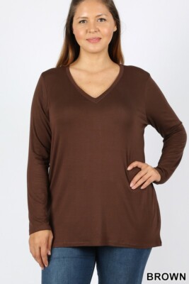   Plus Size Premium Rayon Long Sleeve V-Neck Tees Brown 2XL