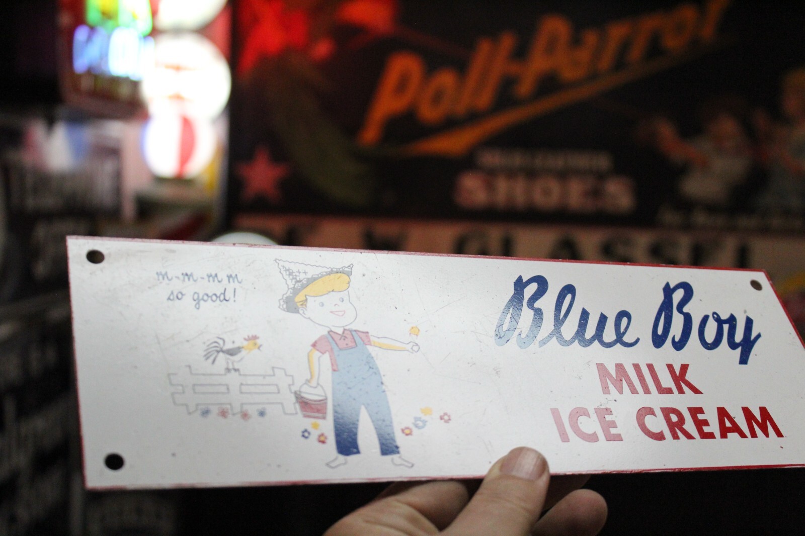 RARE 1950s BLUE BOY MILK ICE CREAM PAINTED METAL SIGN DAIRY CHILD