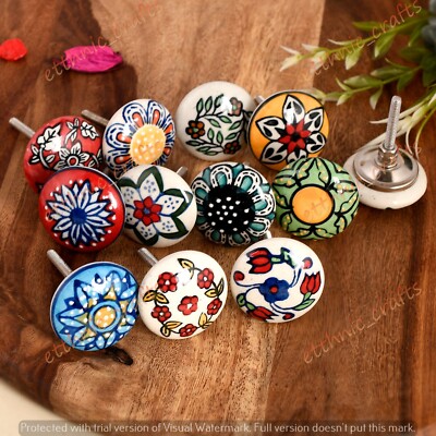 boho knobs for dresser 10 PC Hand Painted Cabinet Dresser Boho Floral Knobs Ceramic Knobs Door  handle