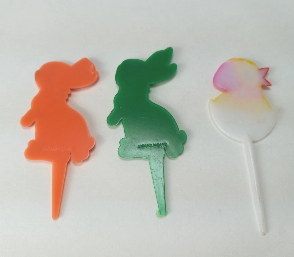 Lote de 3 adornos para cupcakes MCM de colección Bunny Chick Pick plástico hecho Hong Kong retro 2,5" Foto 3 de 4