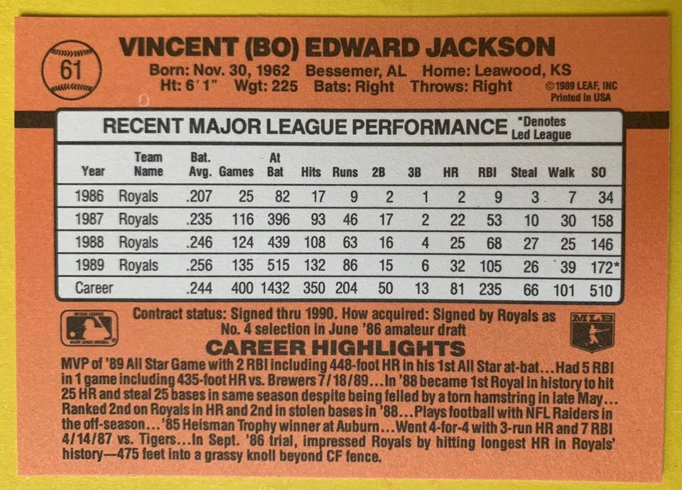 1990 年 BO 杰克逊 4 错误 #61 堪萨斯城皇家队 DONRUSS 棒球卡 无点 罕见 — 第 4/4 张图片
