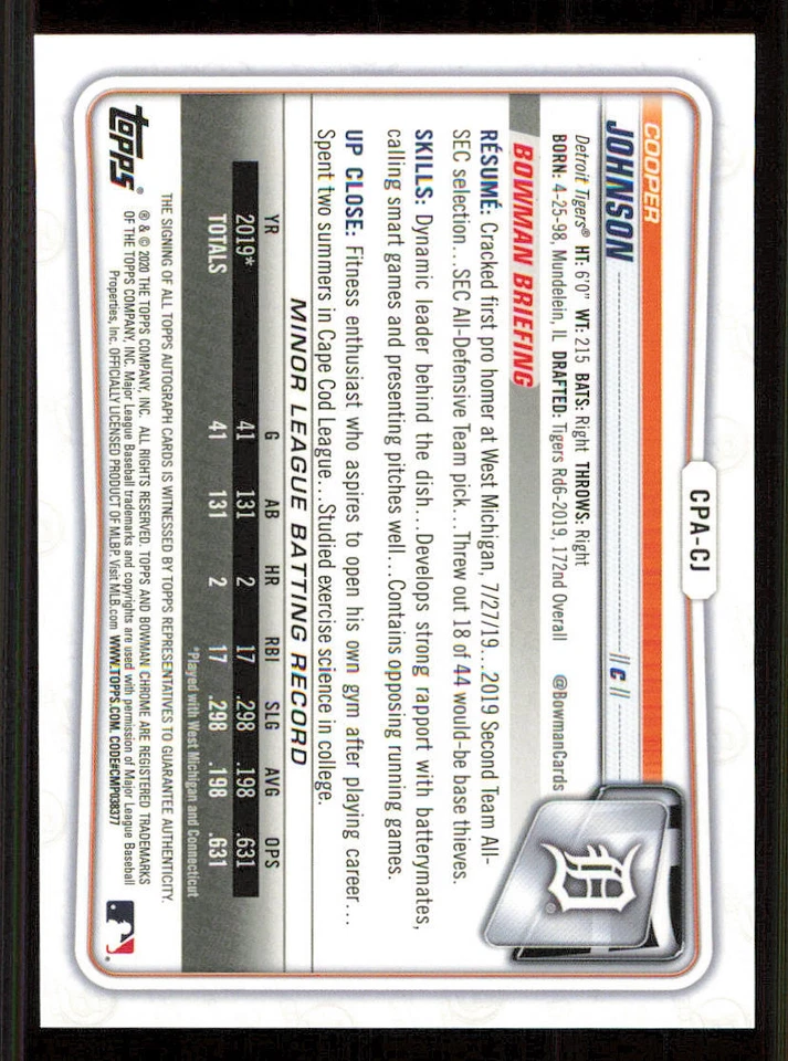 2020 Bowman Chrome Prospect AUTO #CPACJ Cooper Johnson - Image 2 of 2