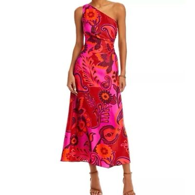 FARM Rio NWT Bold Floral Pink Midi Dress One Shoulder Cut