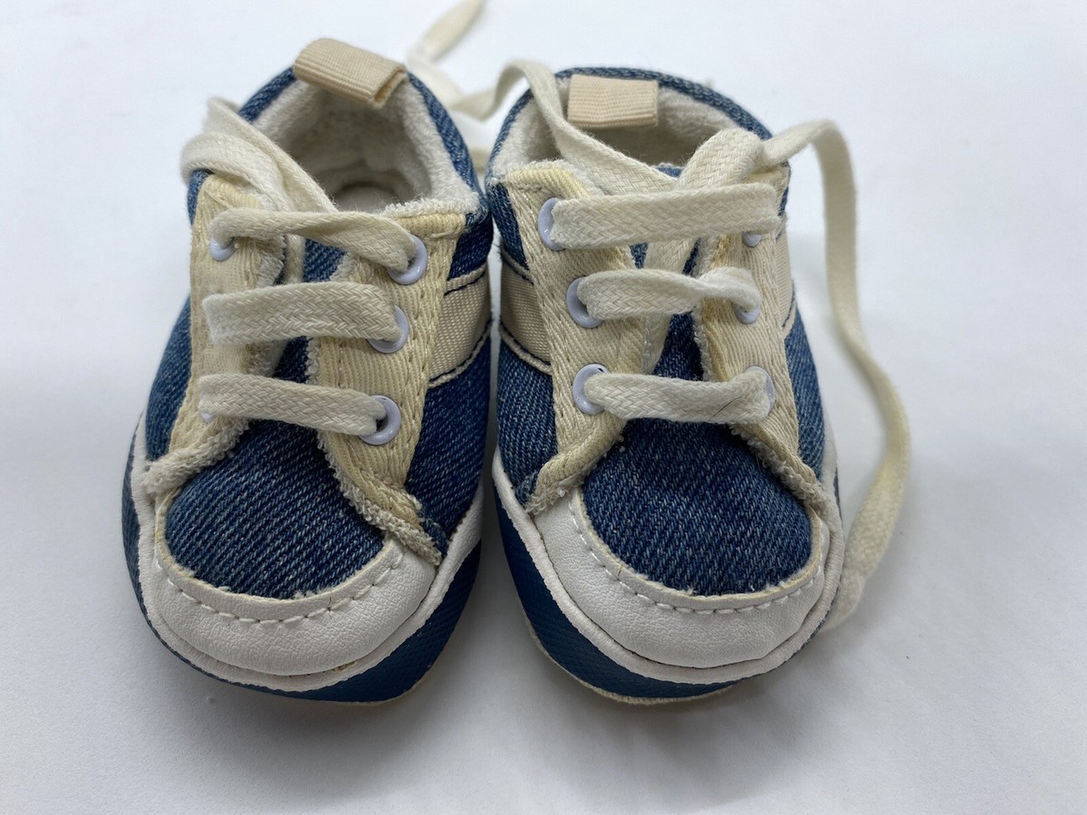 Trimfoot Co Baby Shoes Size White Blue Denim Lace Up Terry Cloth