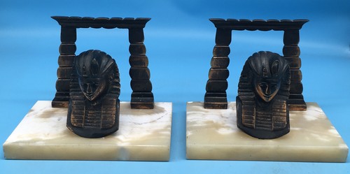 Brass Egyptian head Bookends On Blond Marble Base - Zdjęcie 1 z 10
