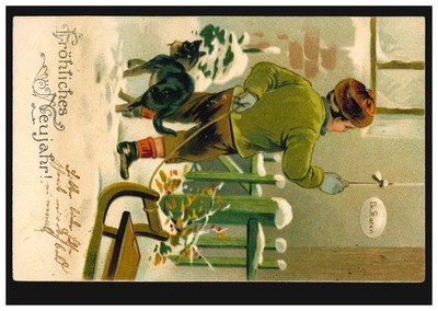 Prägekarte Tiere: Kranke Katze besucht Dr. Kater zu Neujahr, gelaufen um 1905