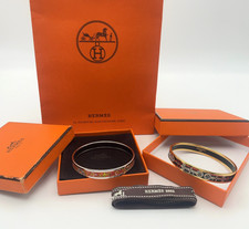 Auth Hermes Enamel Bangle PM GP Black /Enamel Bangle SV Orange 2PCS W/B BA070004
