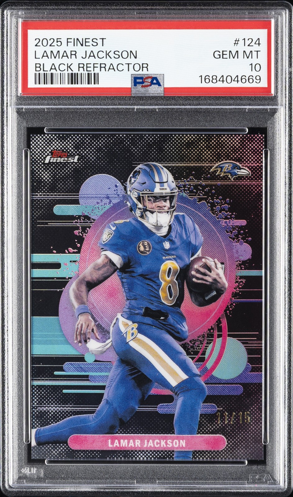 2025 TOPPS FINEST BLACK REFRACTOR #124 LAMAR JACKSON 11/15 PSA 10