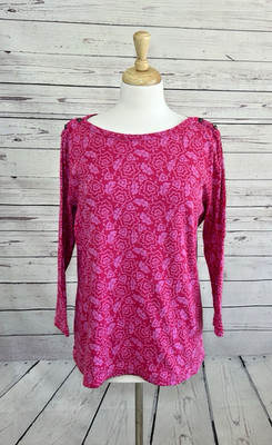 Lands' End Top Womens L (14 -16) Boat Neck 3/4 Sleeve Pink Shoulder Buttons
