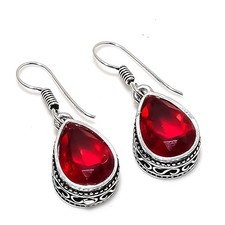 Red Garnet Gemstone Handmade 925 Sterling Silver Jewelry Earring Size 1.4