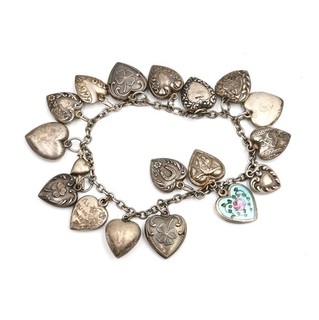 ANITQUE VICTORIAN LOADED CHARM PUFFY HEART BRACELET STERLING SILVER 6 1/2"