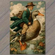 Art Print Man Riding Duck Over Pond Surreal Funny Explorer Travel Nature Daydrea