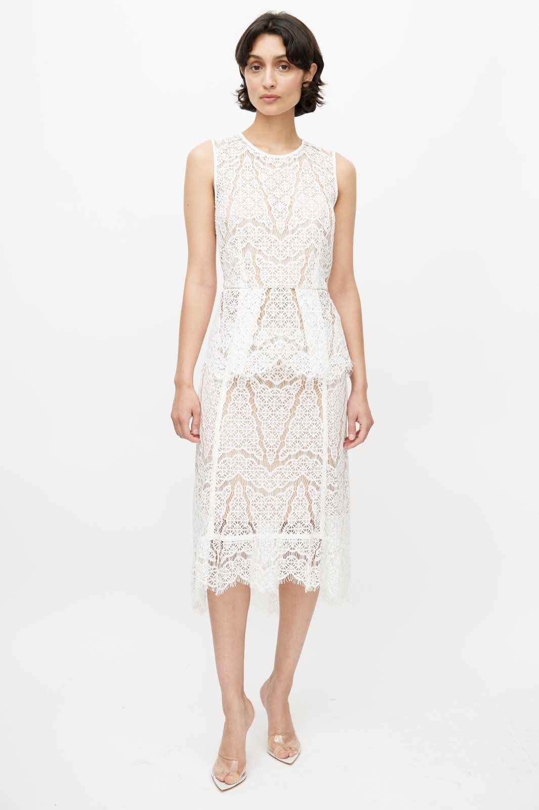 $495 VERONICA BEARD lined lace high-low midi pencil skirt - White & Beige - 4  S