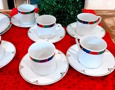 Pier 1 Celebration 12 Cup Saucer Gold Scroll Saucers Multicolor Band MUGS 6 Sets