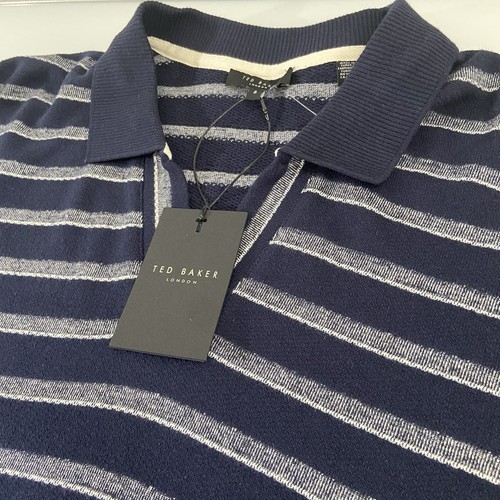 Ted Baker Herren Oversize Marine/Silber Gestreift Offener Kragen Polo Gr. 5 (XL) NEU