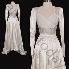 Vintage Satin Wedding Dresses Long Sleeve Full Length Ruching A Line Bridal Gown