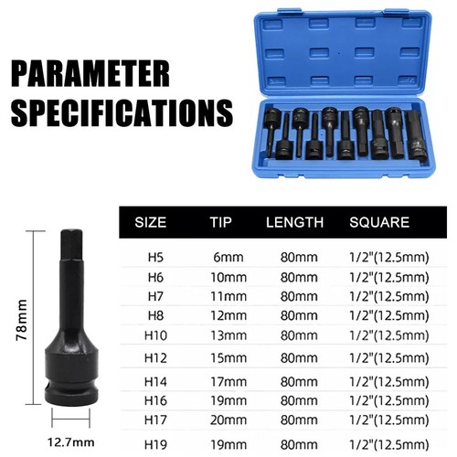 10Pc 1/2" Impact Hex Socket Drive Bit Metric Set H5-H19 Allen Key Torx with Case - Picture 11 of 15