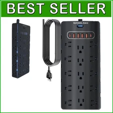 Safe 20 Amp Power Strip Surge Protector with Easy Mount Design and 6 USB Ports