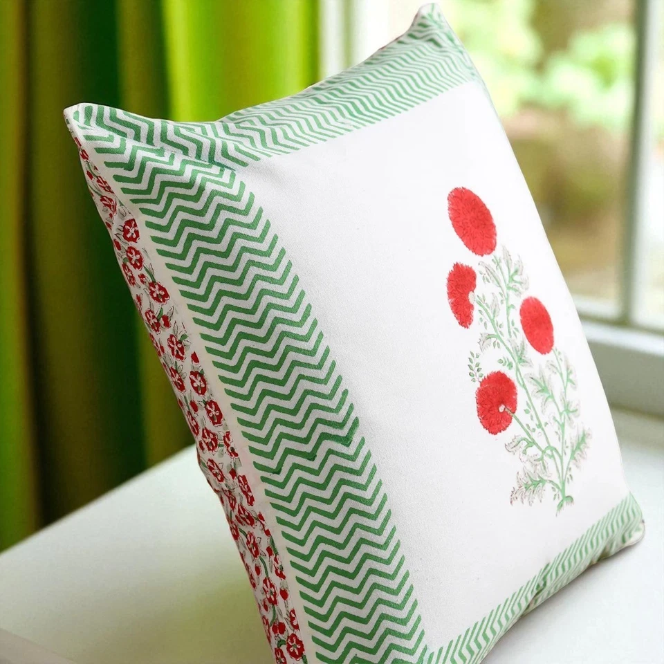 Juego de 2 fundas de cojín de algodón floral caléndula bloque de mano | 16x16 pulgadas Foto 2 de 4