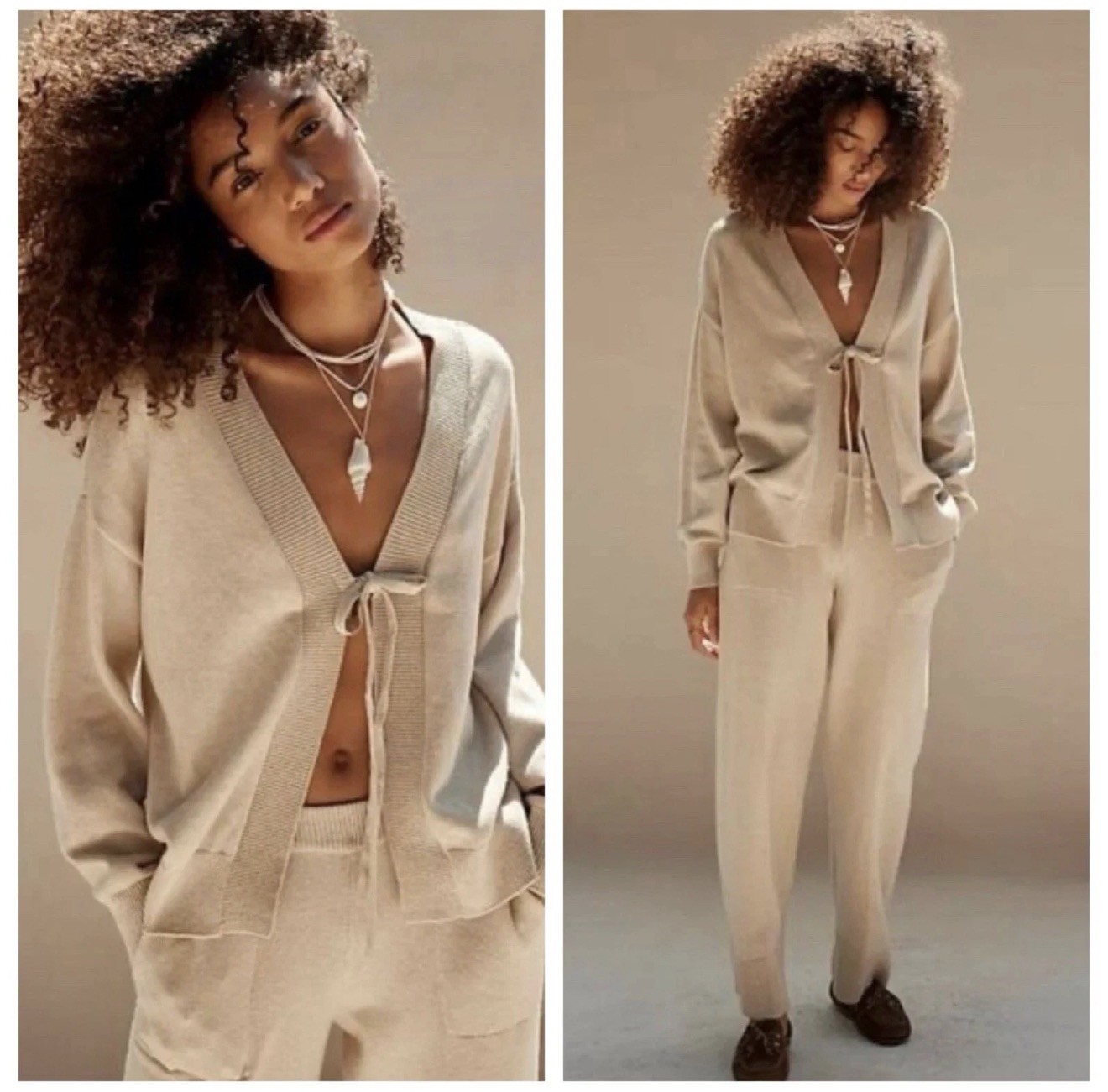 Free People Beach Solar Two Piece Cardigan Sweater Pants Knit Set XS Cream Beige