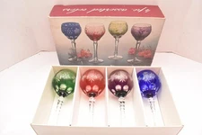 SET 4 BOHEMIAN CZECH CUT TO CLEAR Hock Wine GLASSES Goblets Multicolor NOS w BOX